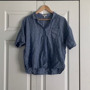 Garnet Hill Blue Linen Button-Down Short Sleeve Blouse